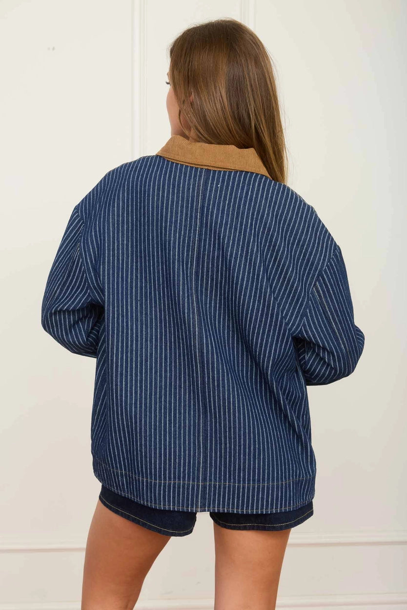 Stripe Corduroy Collar Denim Jacket
