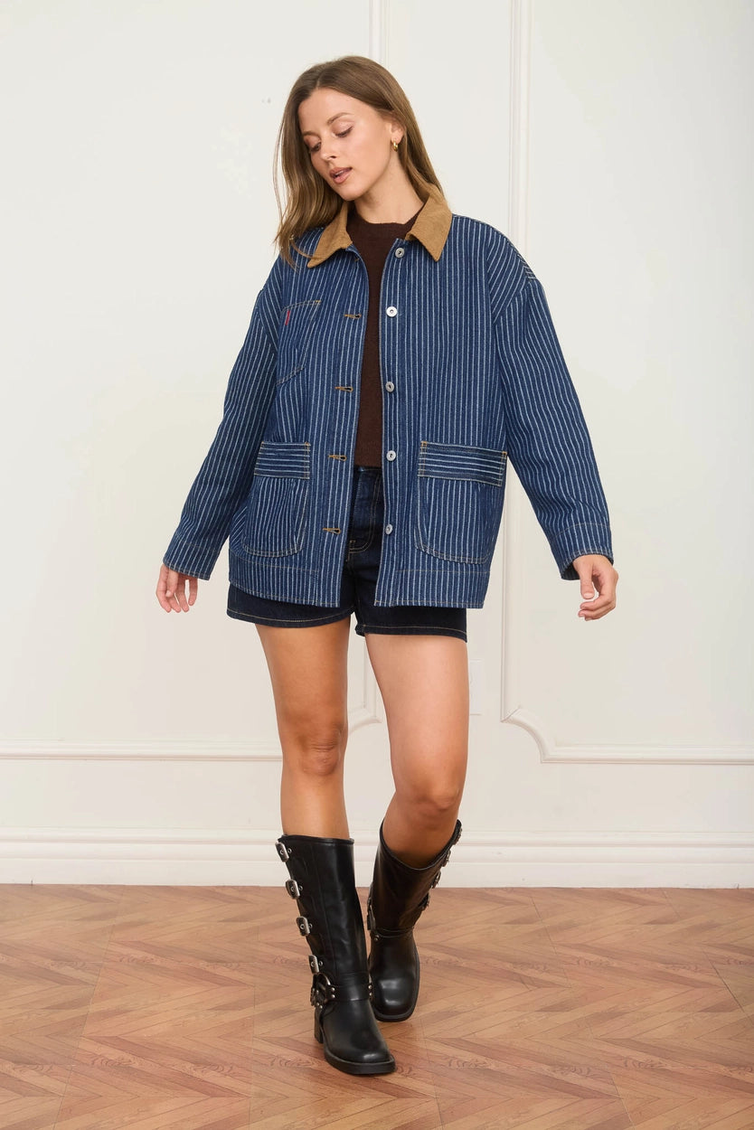 Stripe Corduroy Collar Denim Jacket