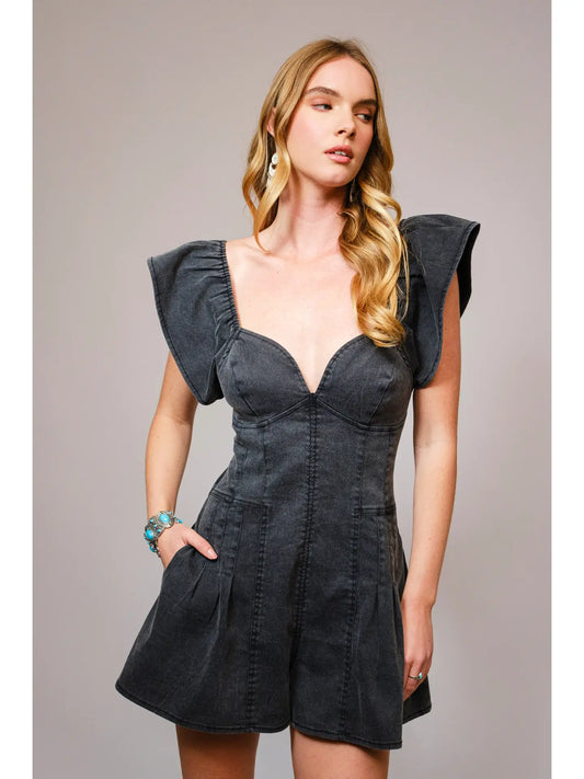Sweetheart Ruffle Sleeve Denim Romper