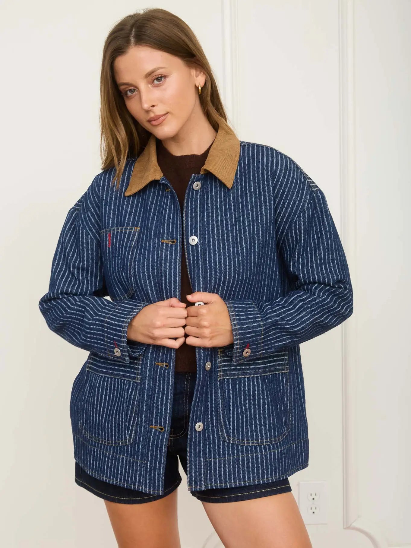 Stripe Corduroy Collar Denim Jacket