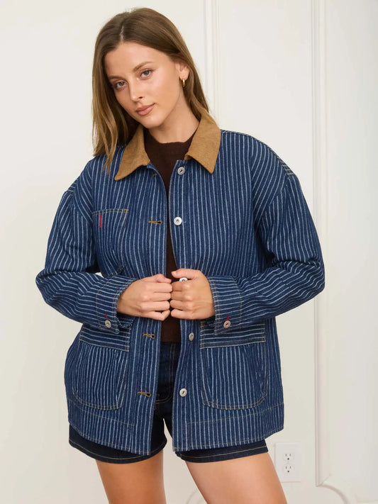 Stripe Corduroy Collar Denim Jacket