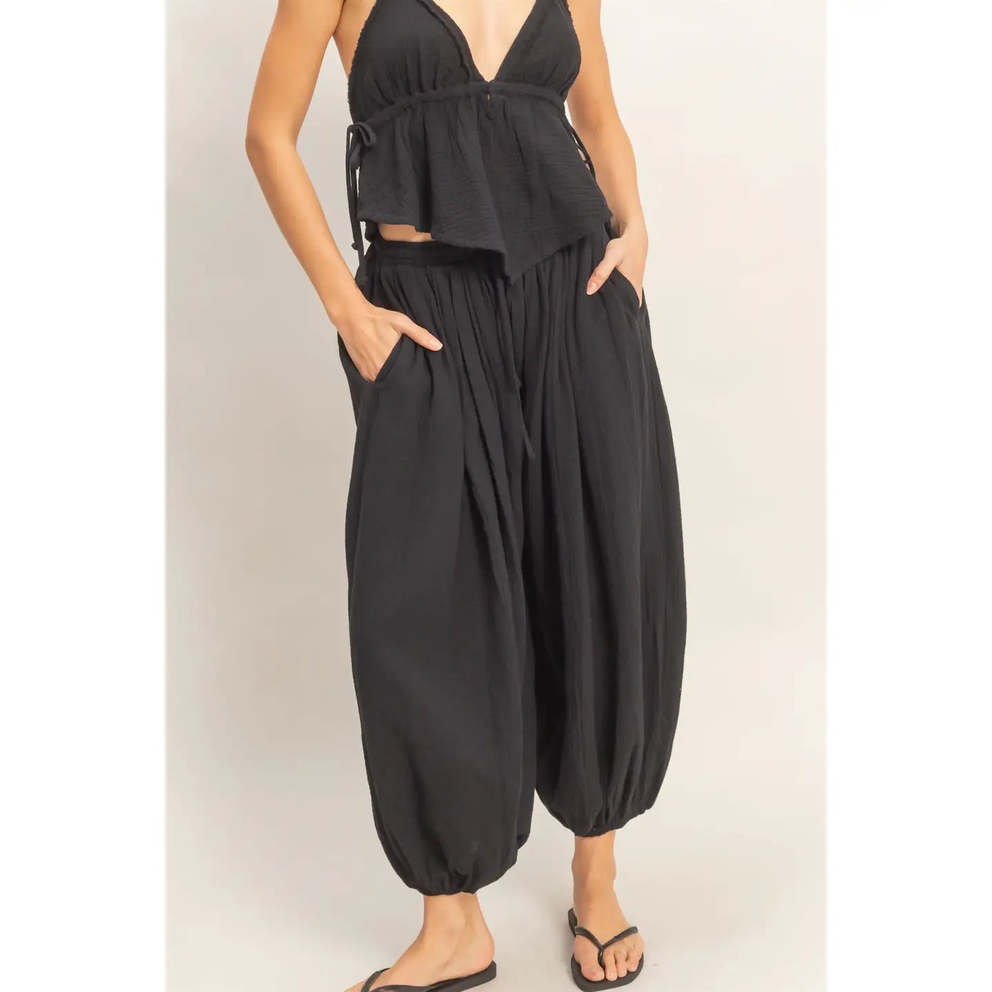 Gauzed Elastic Waist Balloon Joggers Pants