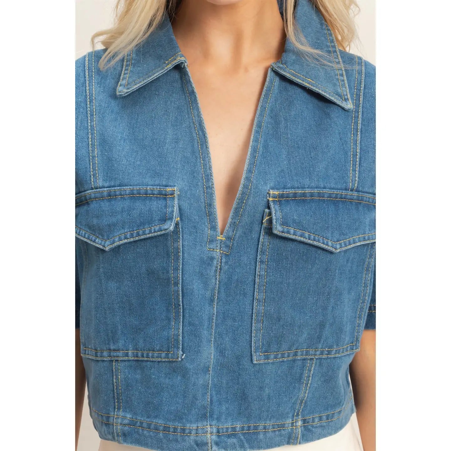 Denim V Neck Cropped Top