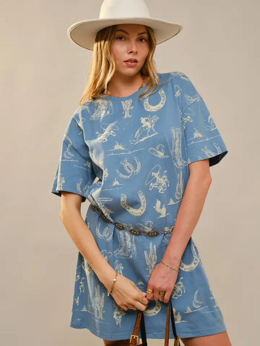 Blue Western Motif T-Shirt Dress