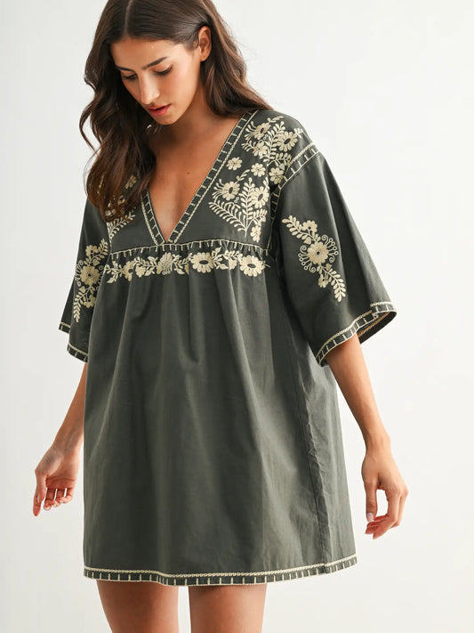 Embroidered Forest Green V-Neck Dress