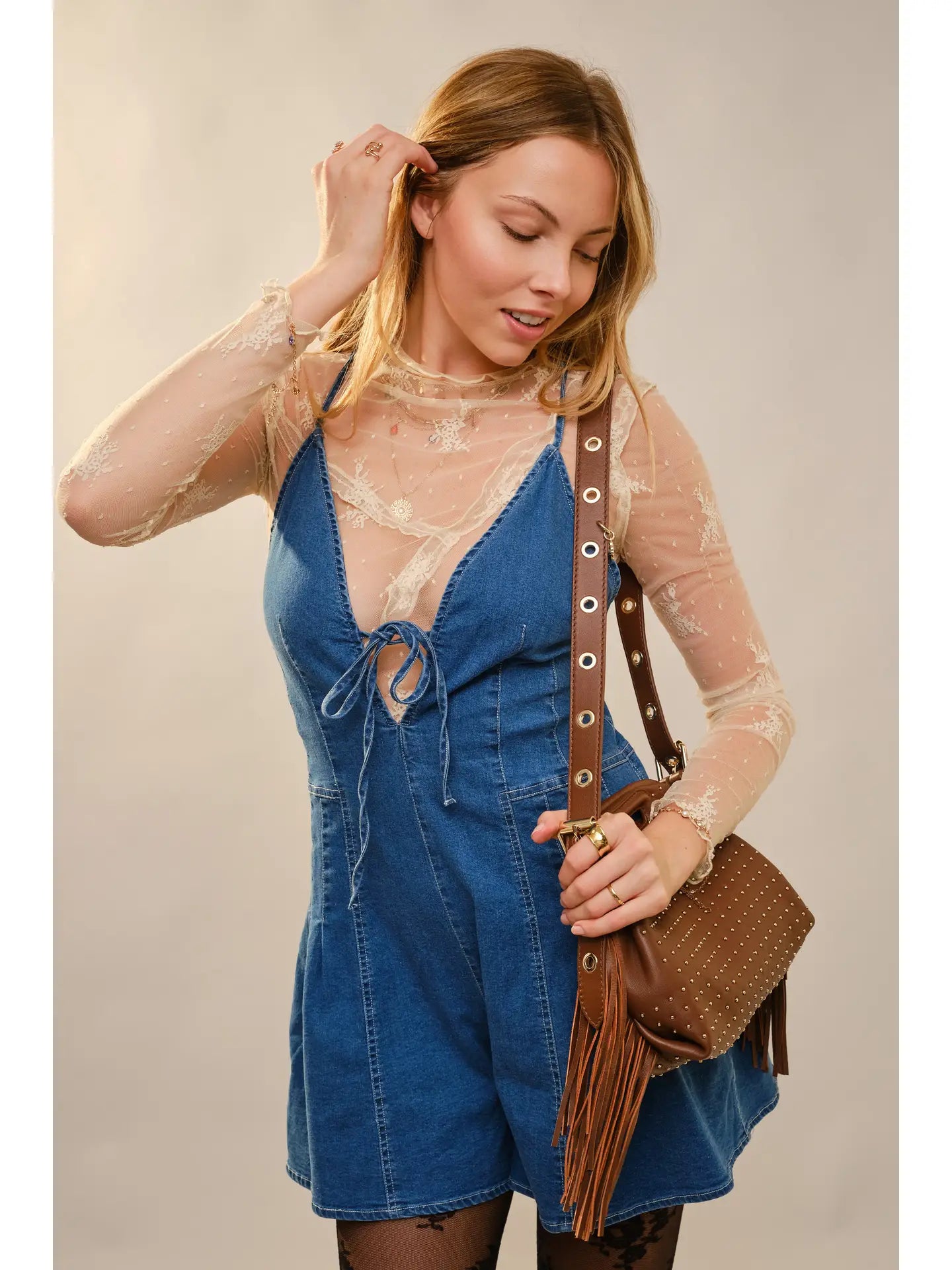 V Neck Open Back Denim Romper